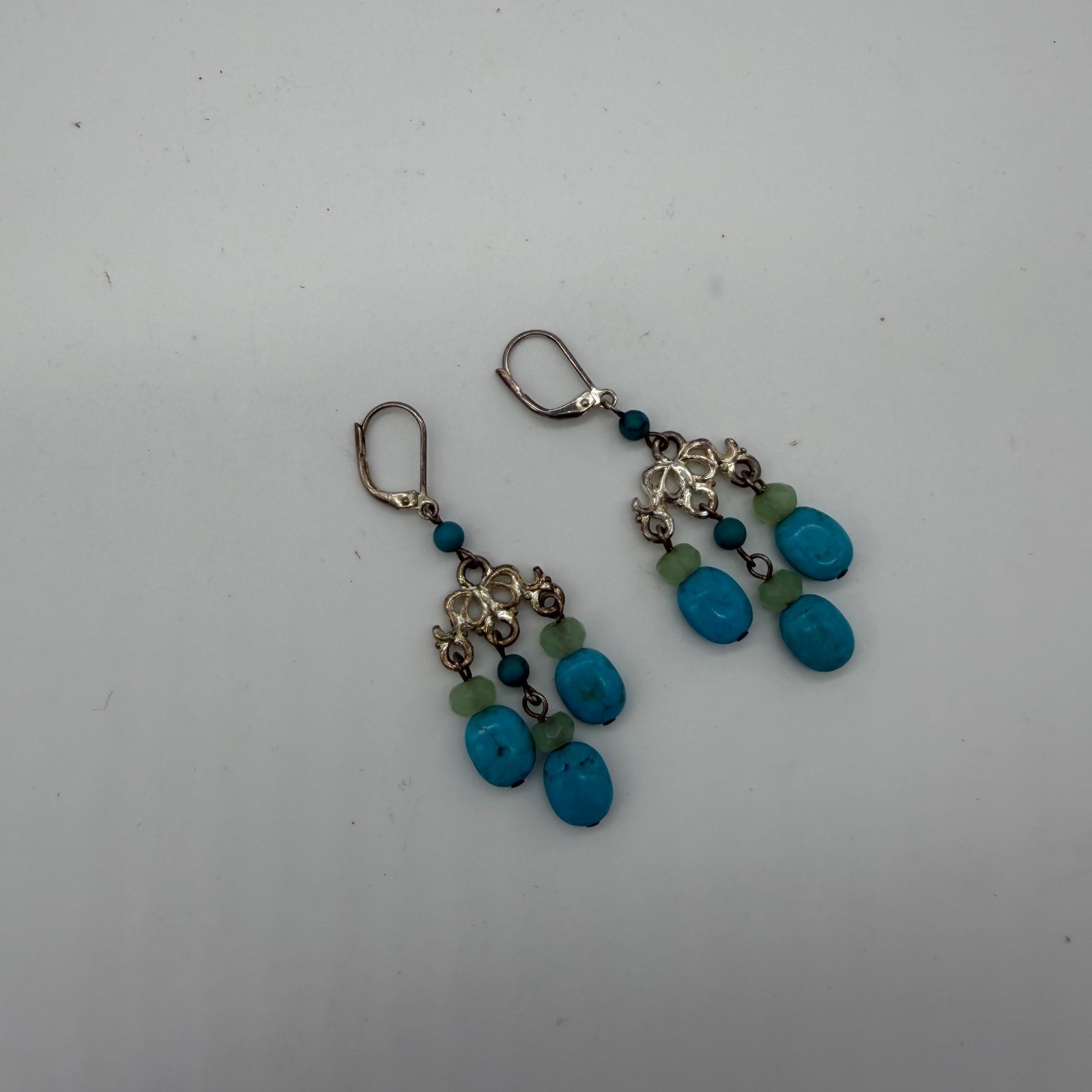 Barse Turquoise and Green Stone Chandelier Dangle Earrings Lever Back Silver