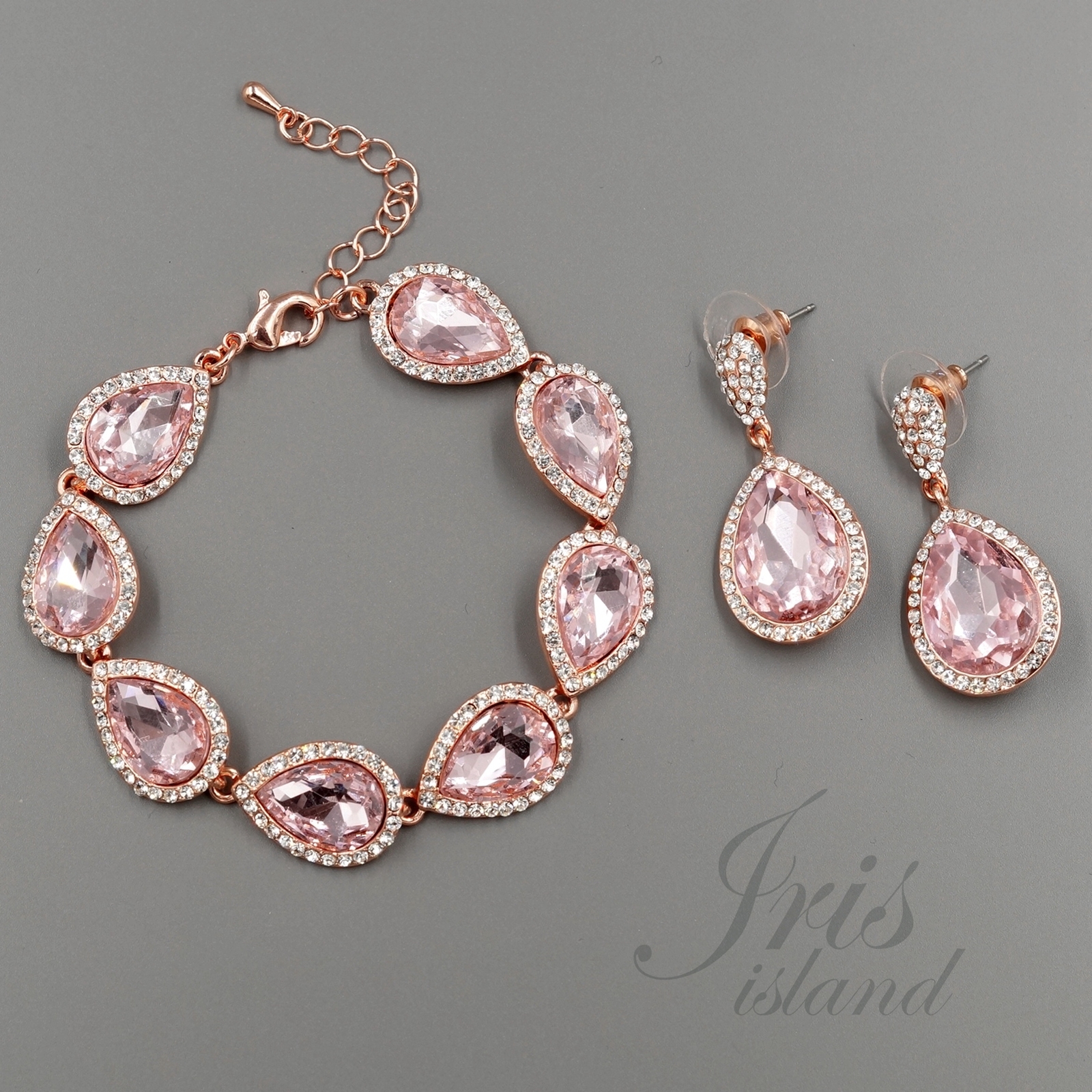 Rose Gold Plated Pink Crystal Necklace Bracelet Earrings Wedding Jewelry Set 829