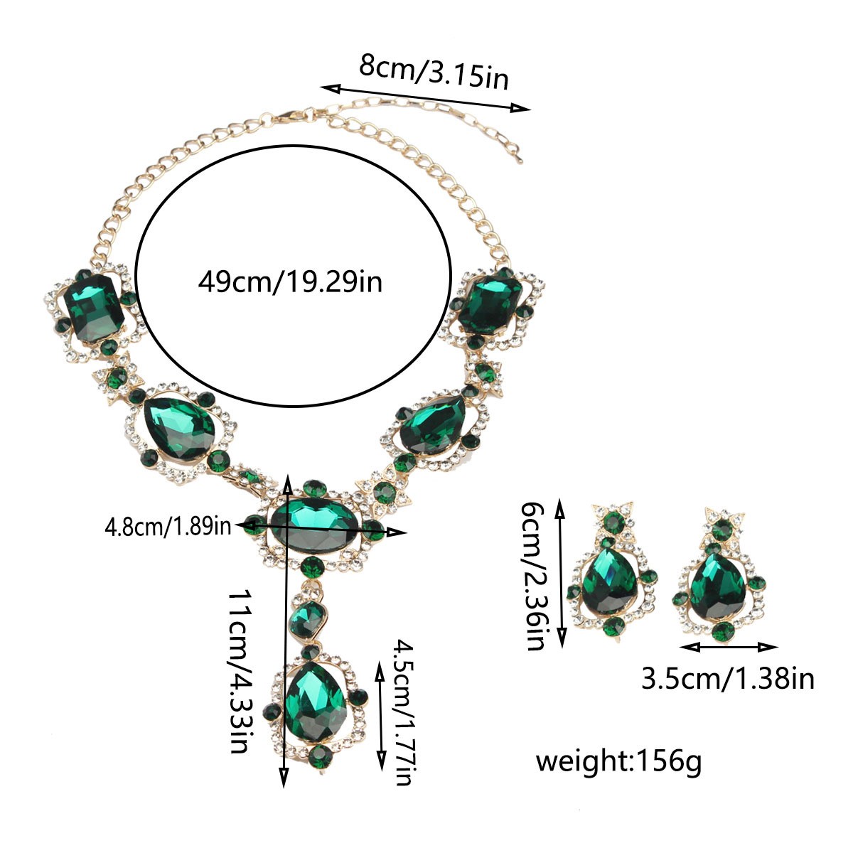 Emerald Green Crystal Jewelry Set Gold Tone Teardrop Rhinestone Necklace Earring