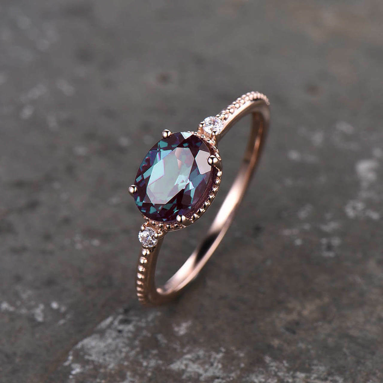 2Ct Oval Cut Simulated Alexandrite Engagement Ring 14K Rose Gold Plated