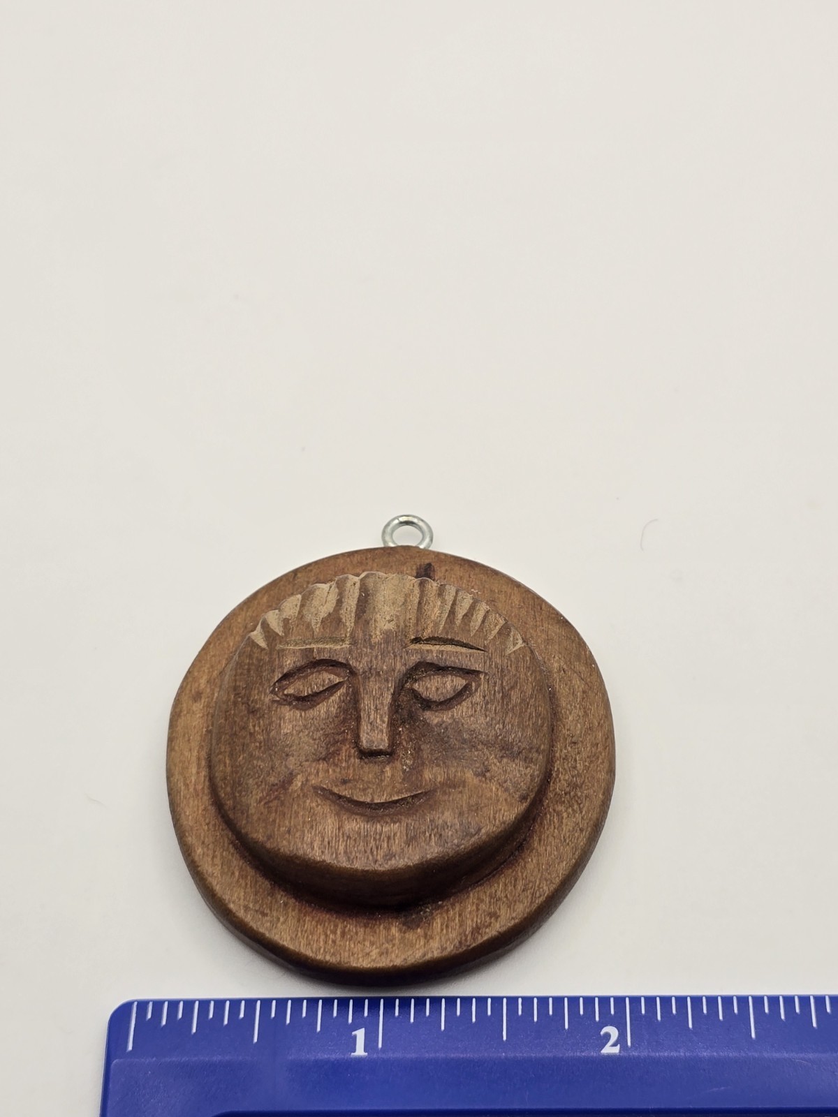 Vintage Handmade Folk Art Carved Wood Relief Wooden Moon Face Necklace Pendant