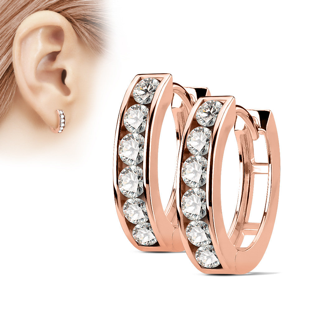 Unisex Channel Set Lined CZ 316L Surgical Steel Post Hoop Earrings