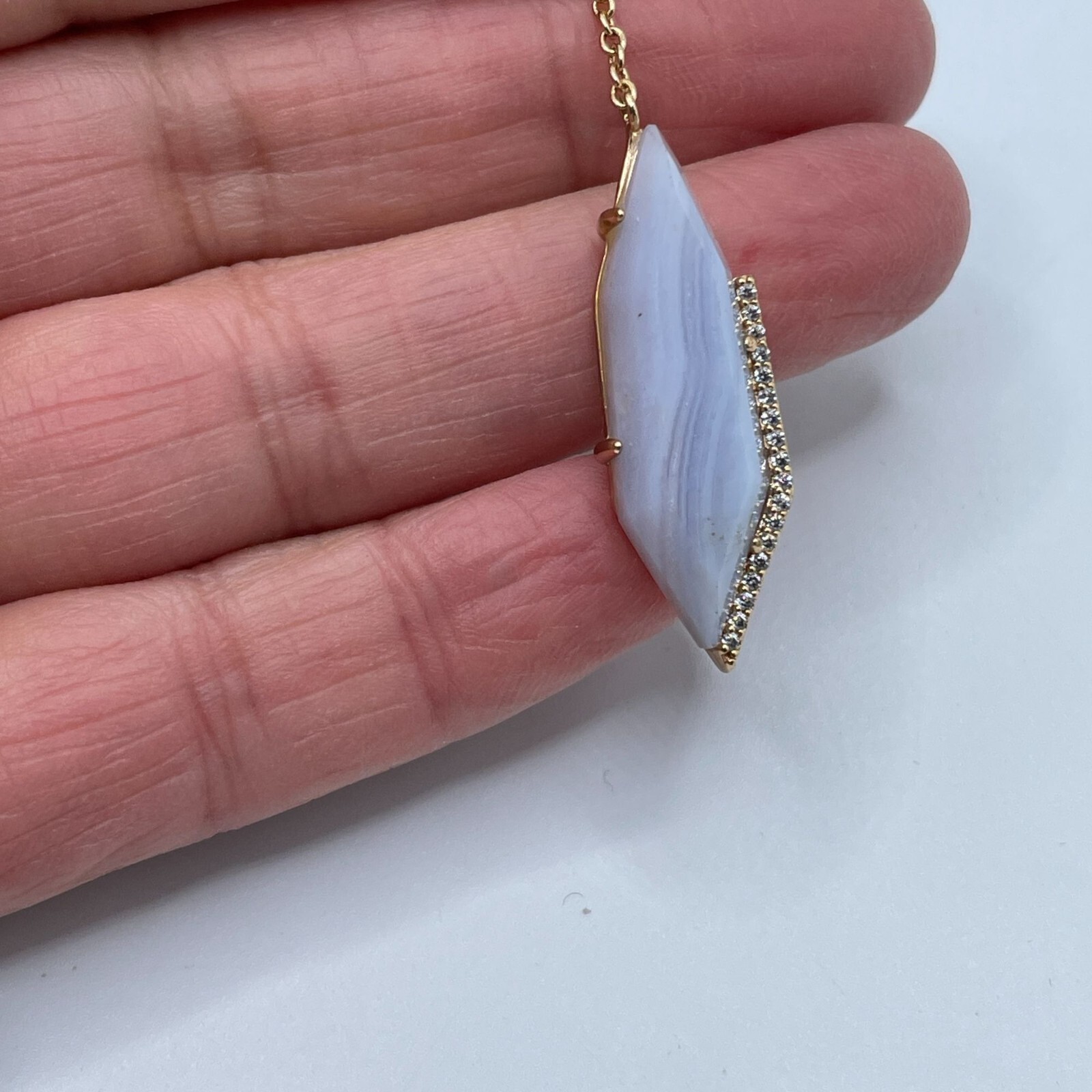 Marcia Moran Blue Lace Agate Pave CZ Zagora Lariat 18K Gold Plated Necklace 21″