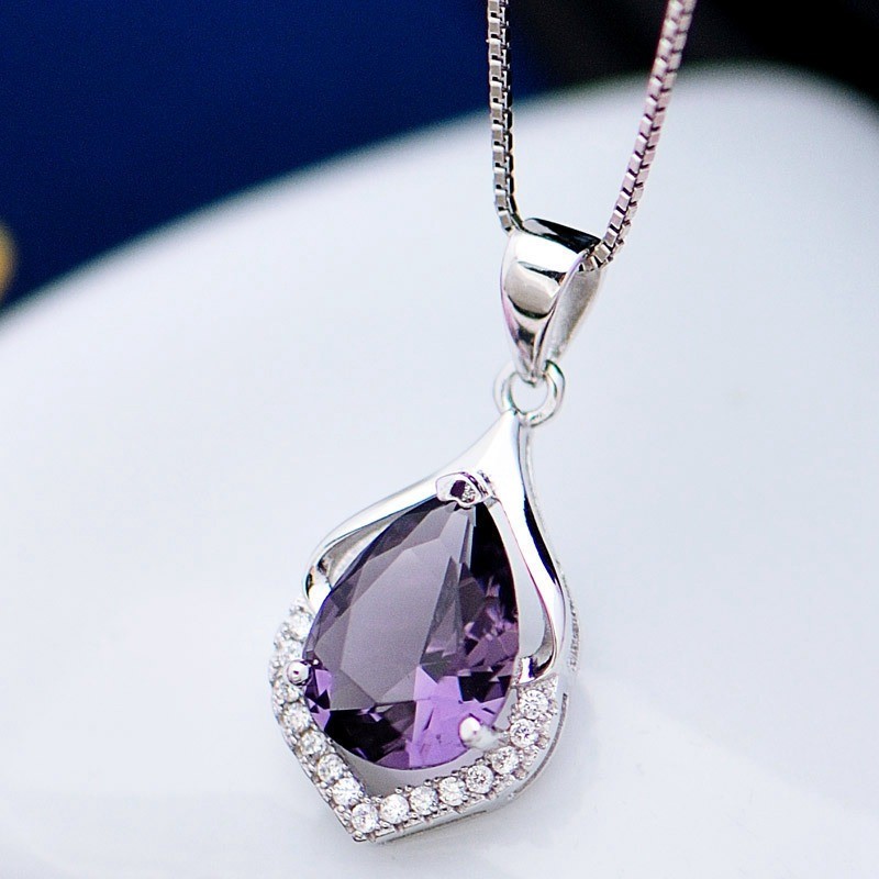 Women’s Amethyst Necklace Elegant Crystal Chain Pendant Jewellery Silver