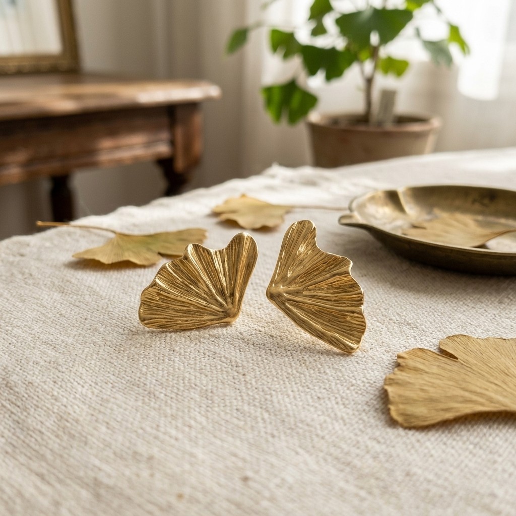 Gold Tone Ginkgo Leaf Stud Earrings Textured Nature Inspired Pierced Jewelry