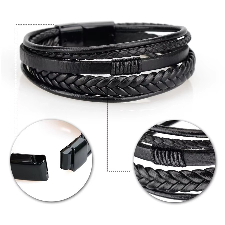 Trendy Leather Bracelets For Men Stainless Steel Bracelet 21CM Multilayer Braide