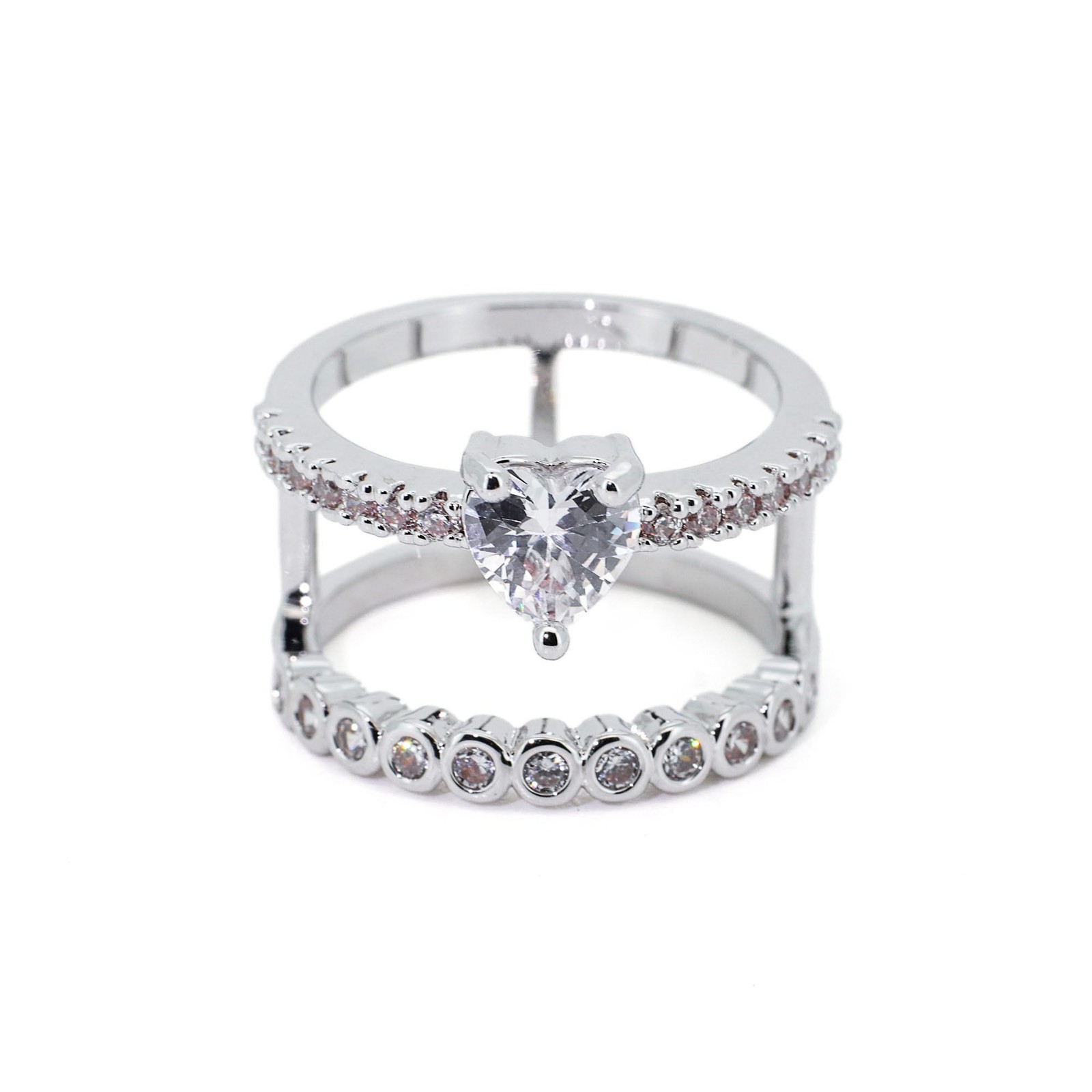 18K Gold Plated Double Band Heart Zirconia Ring for Women, Daily Wear Jewelry