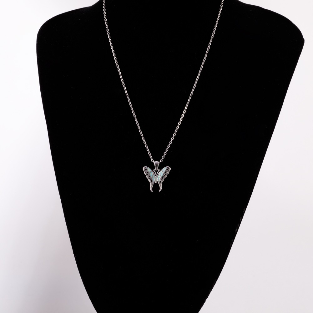Hollow Butterfly White Fire Opal Silver Jewelry Necklace Pendant