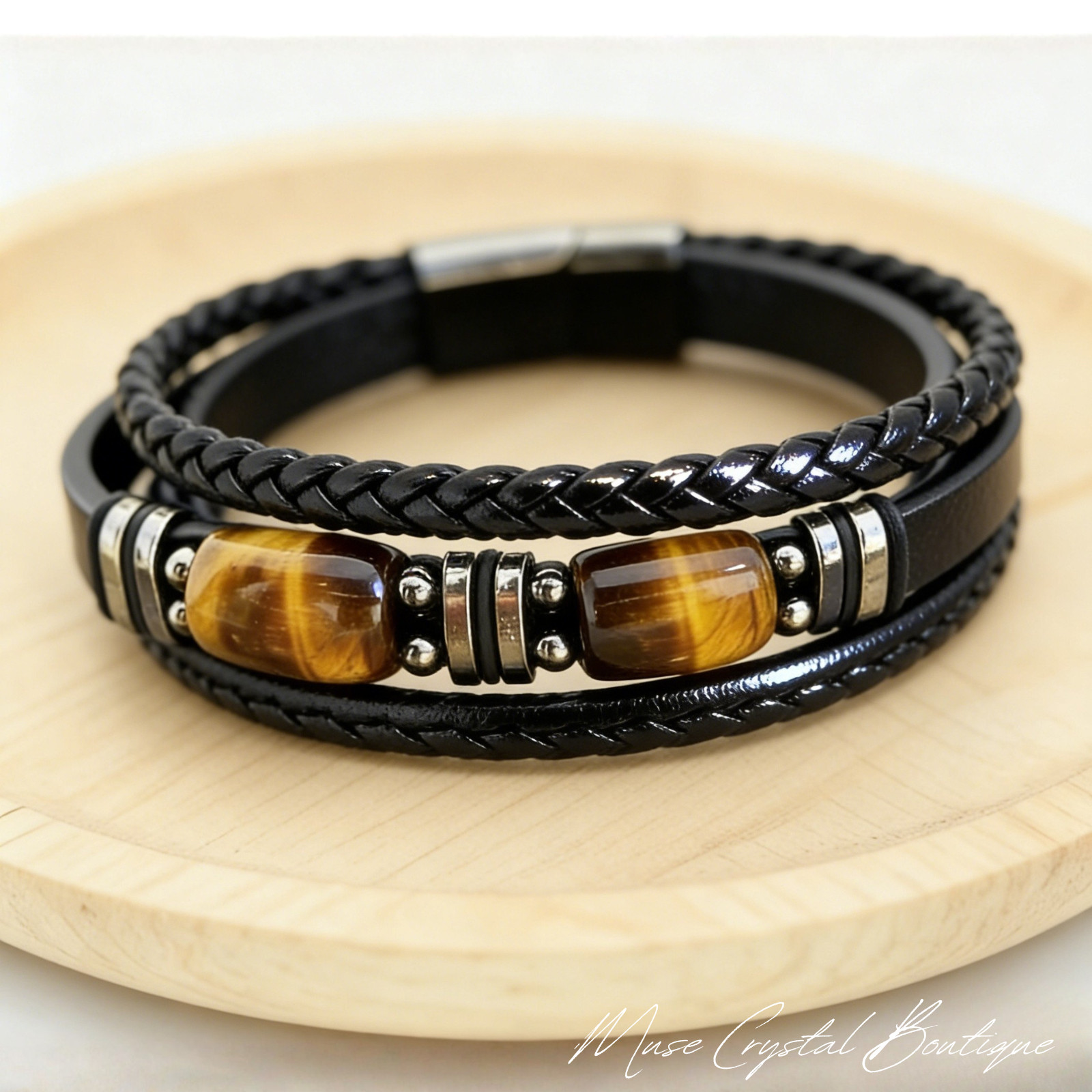 Natural Tiger Eye Bracelet Men Genuine Leather Braided Healing Energy Jewelry