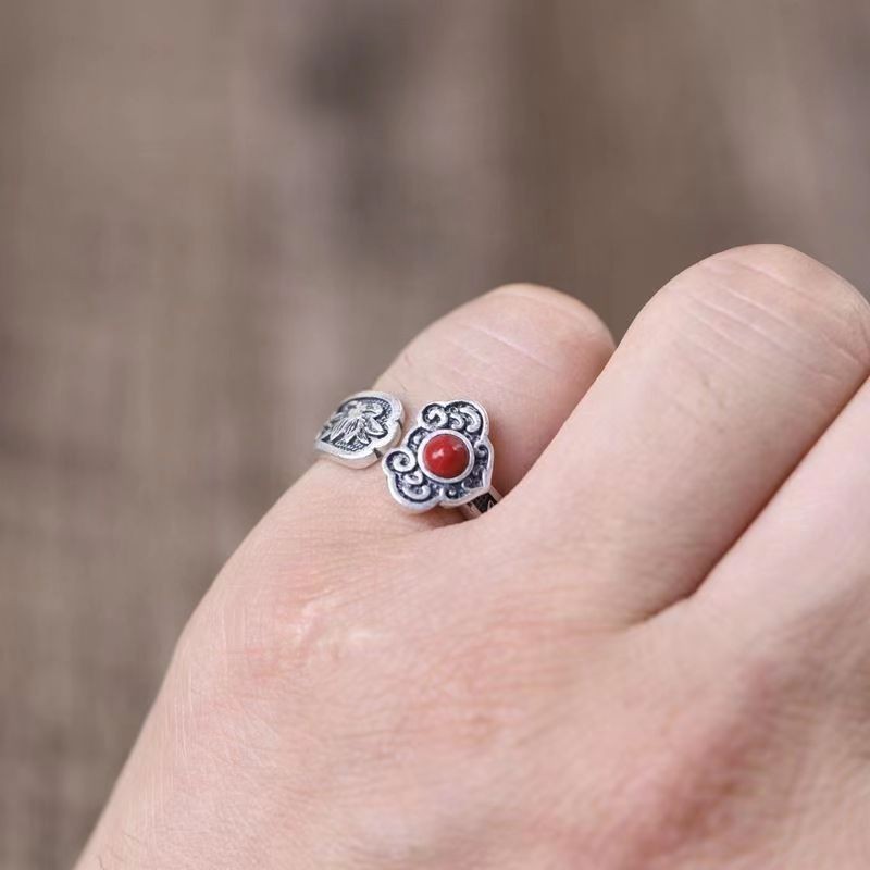 Silver Women’s Ring with Natural NanHong Agate Ruyi Motif One Size Fit All