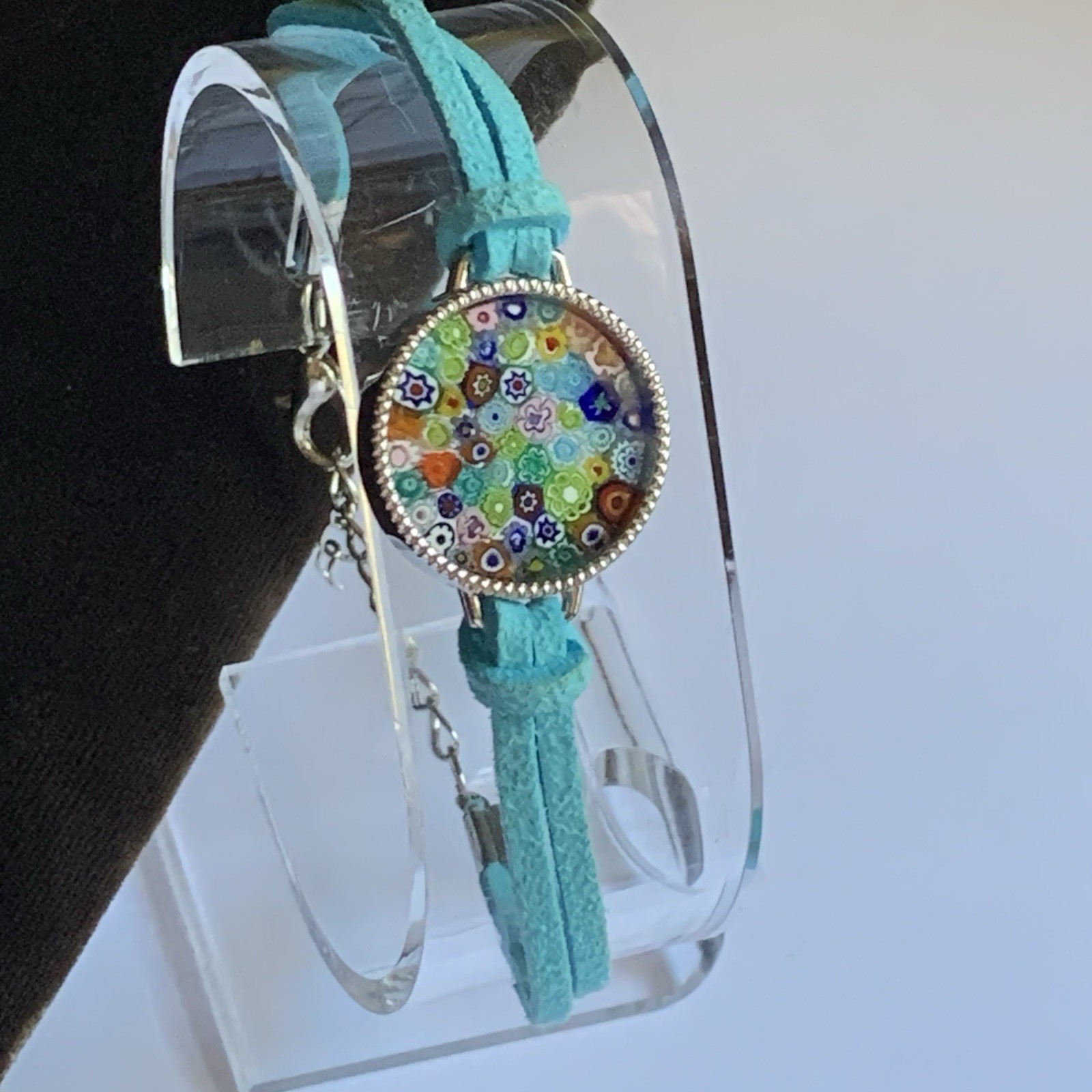Murano Glass Millefiori Round Made in Italy 7-8 Inch on blue leather cord