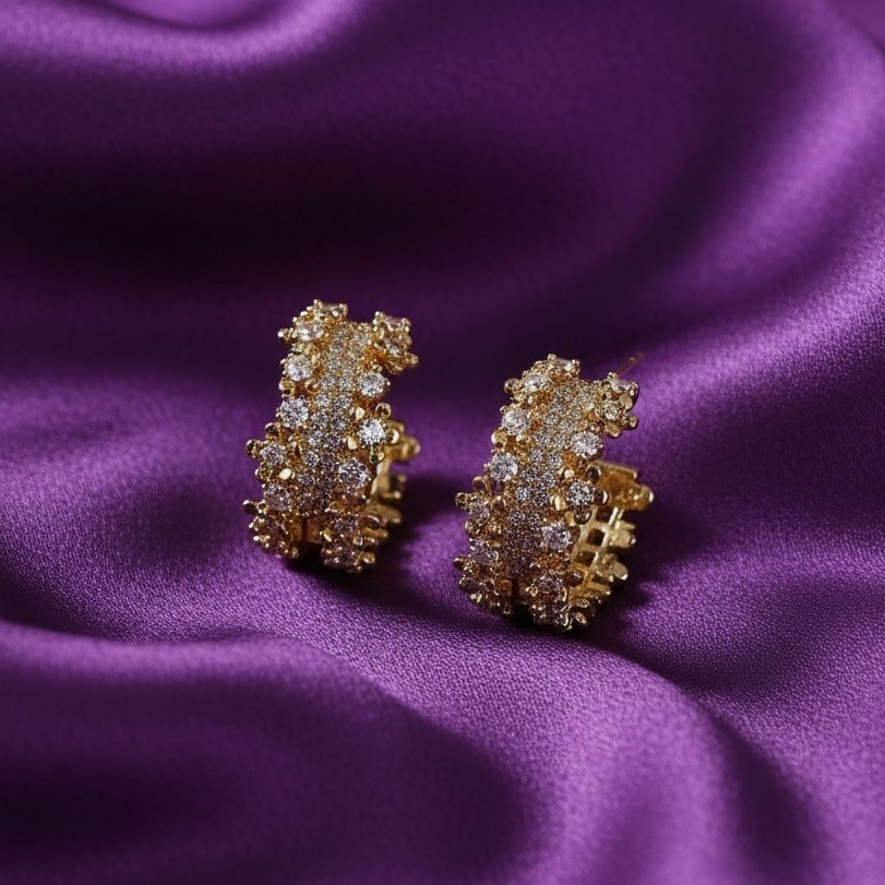 Anthropologie Filigree Hoop Flower Earrings Lattice Crystal Stud Gold CZ Boho