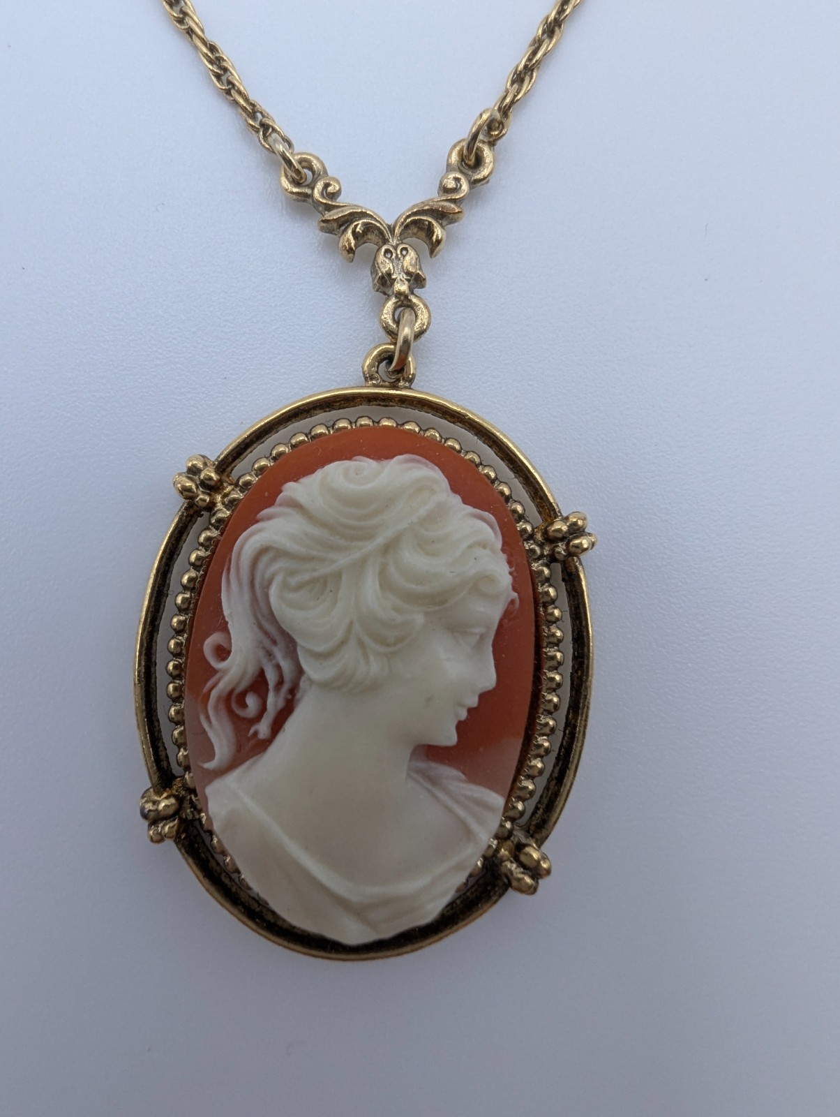 1928 Jewelry Cameo Pendant Necklace Coral White Gold Tone Victorian Revival