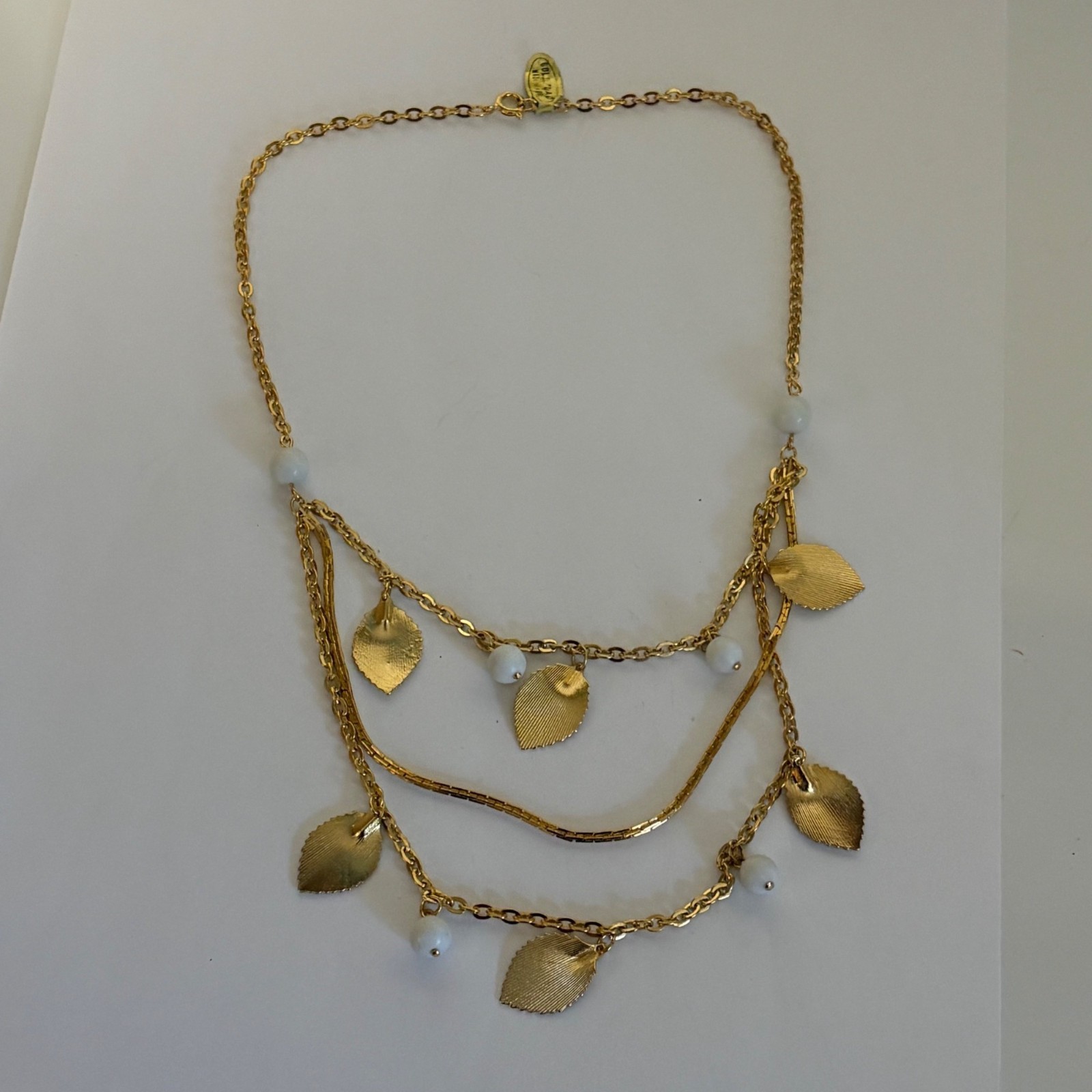 Gold-Plated Layered Necklace Textured Leaf White Bead Dangles Korea Timeless NEW