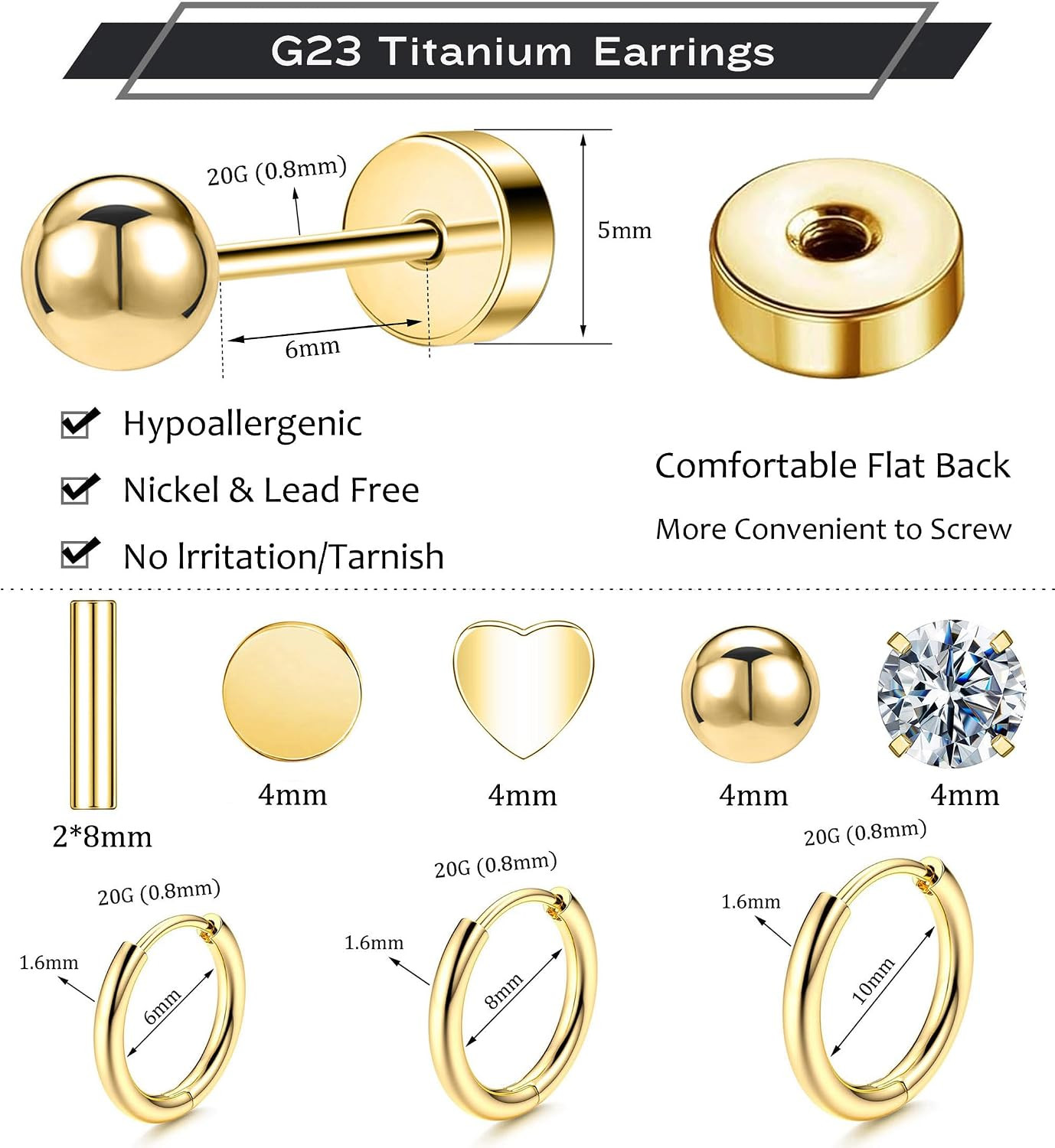 Hypoallergenic Titanium Earrings for Sensitive Ears 14K Gold Plated Opal Ball CZ