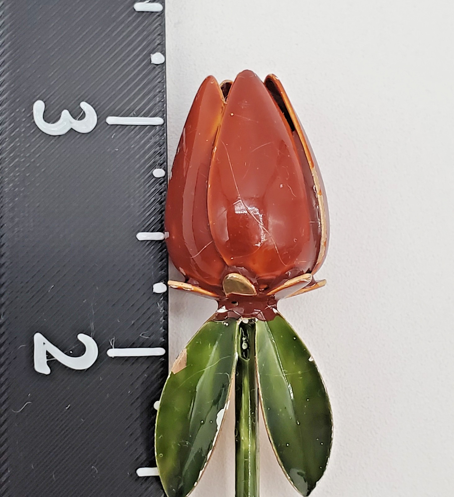 VTG Tulip Brooch 3in Brown Green Enamel Flower Stem Estate Parts Restore FLAW