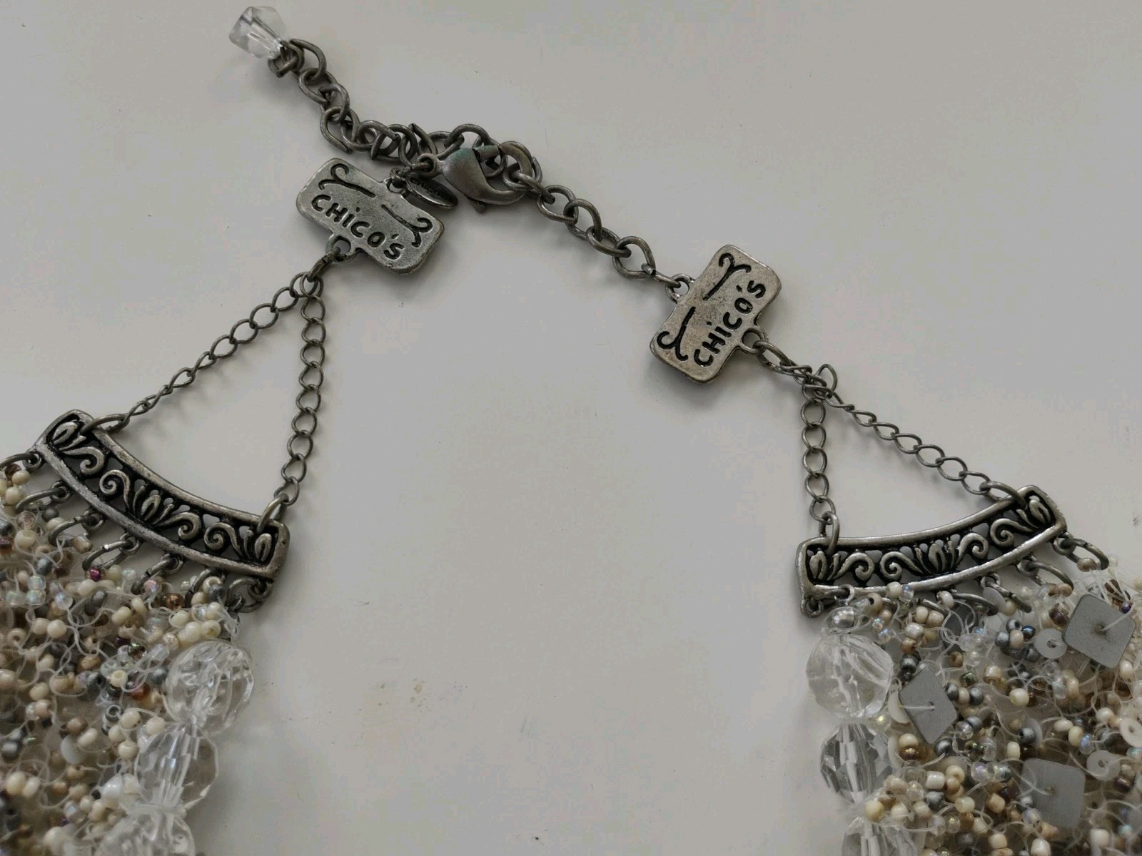 Chico’s Statement Collar Necklace – Silver, Clear & White Beads