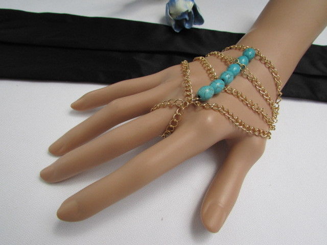 WOMEN GOLD FASHION JEWELRY HAND CHAINS TURQUOISE BLUE BEADS BRACELET SLAVE RING