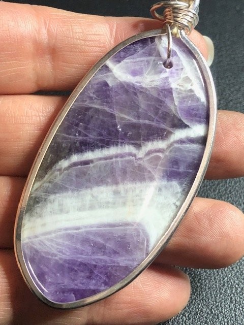 B4347 Silver tone Chevron Amethyst Pendant Large Wire Wrapped Gemstone 84mm