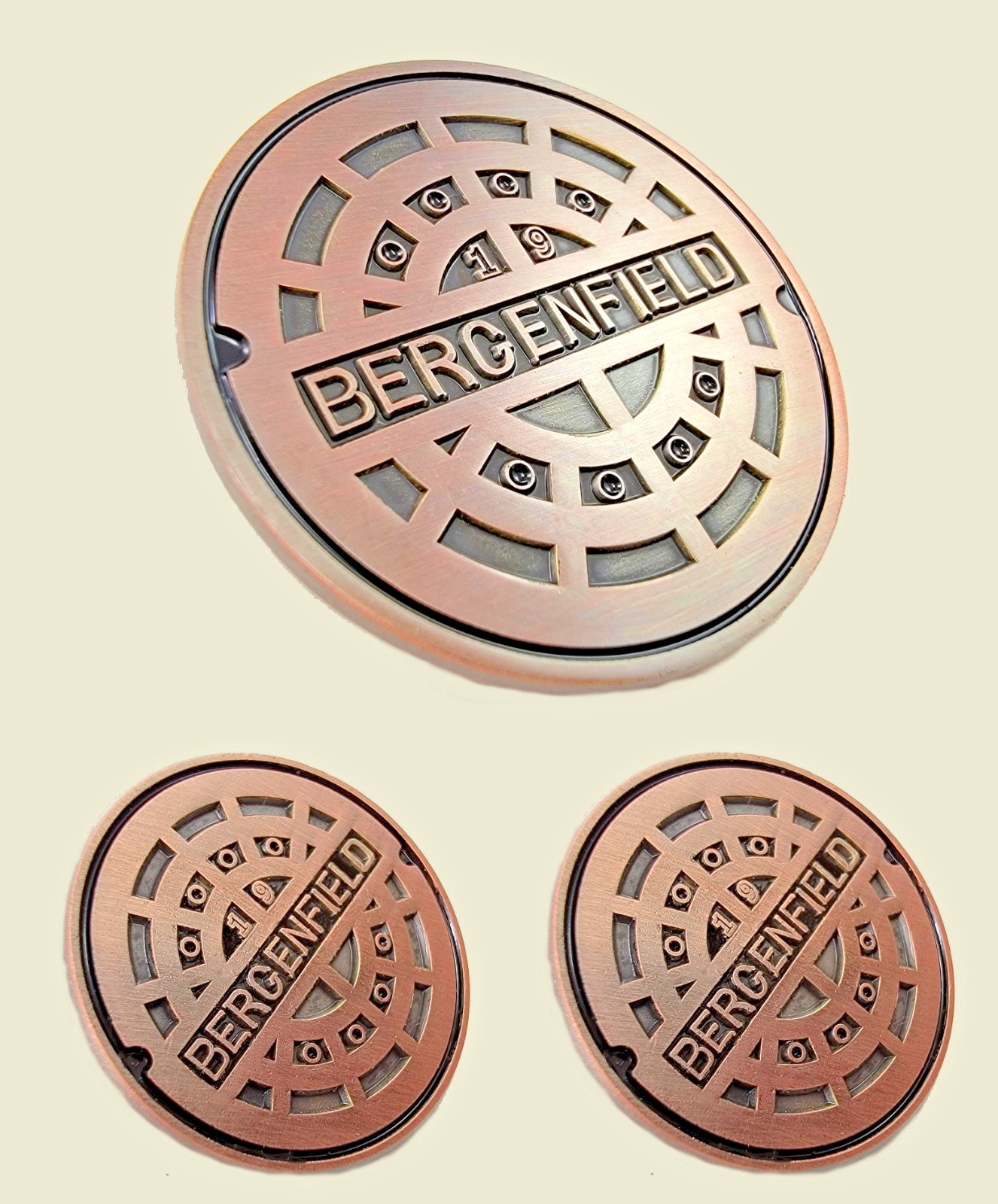 Bergenfield Miniature Manhole Cover Replica Brooch Pin Badge Keepsake Three Pack
