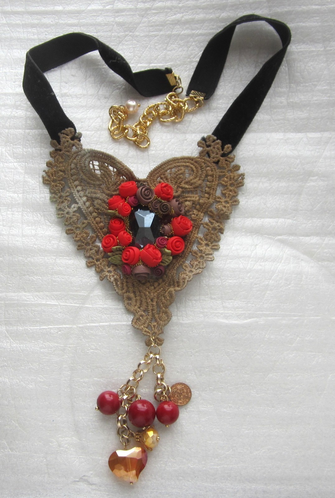 Lace Heart Choker with Flowers & Drop Pendant Tassel with Beads 17+ in.