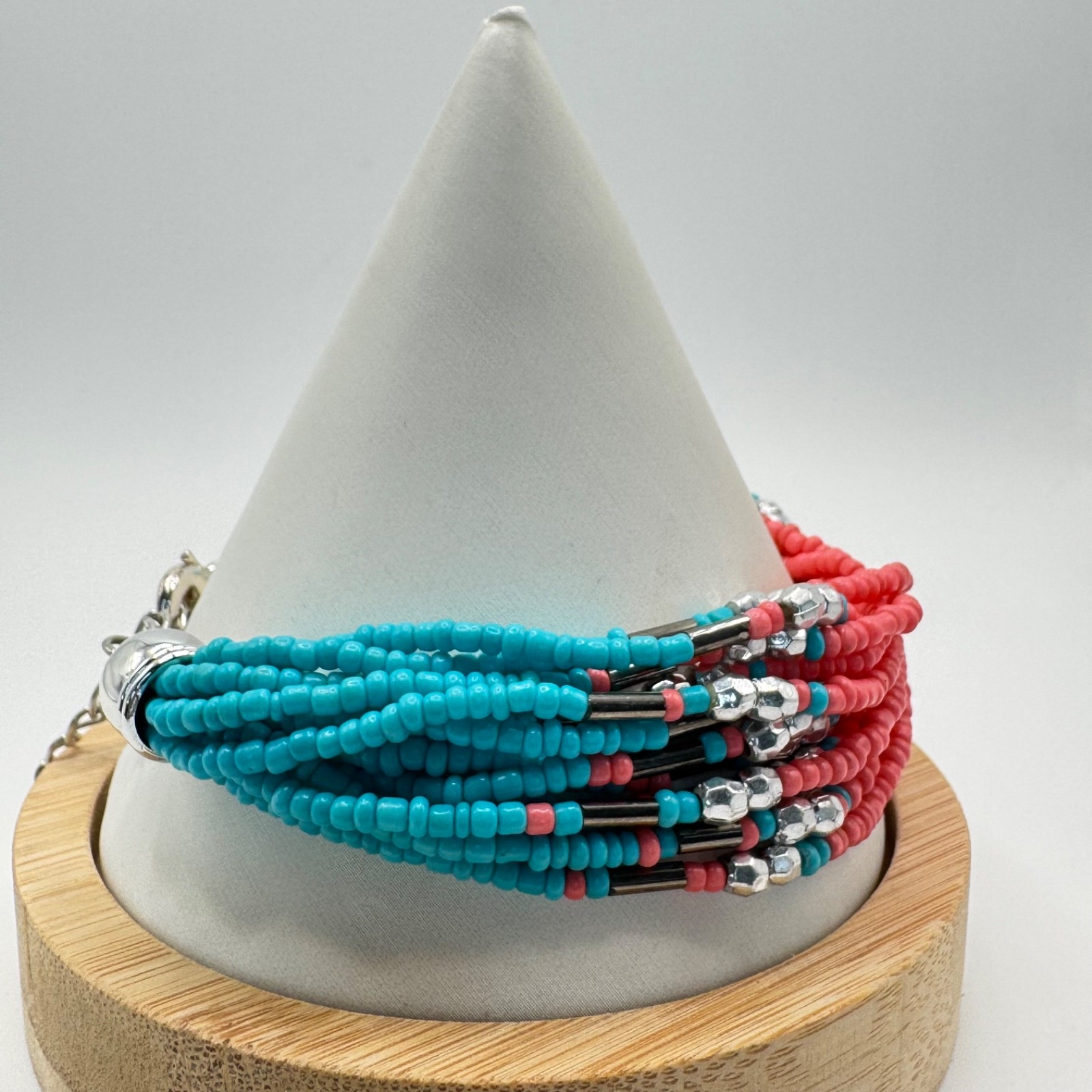 Vintage Boho Multi Strand Seed Bead Bracelet Turquoise Coral Pink Silver Tone