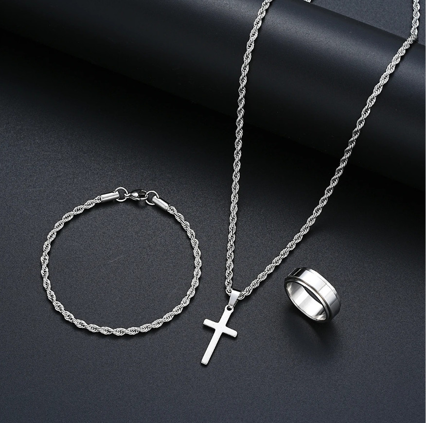 1pc Stainless Steel Cross Jewelry Set Necklace Ring Bracelet Gift – NEW