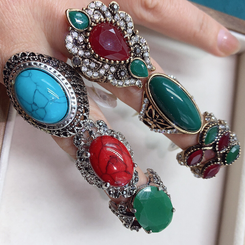 20pcs Mixed Vintage Colorful Gemstone Ring Retro Alloy Finger Deco Ring Bulk Art
