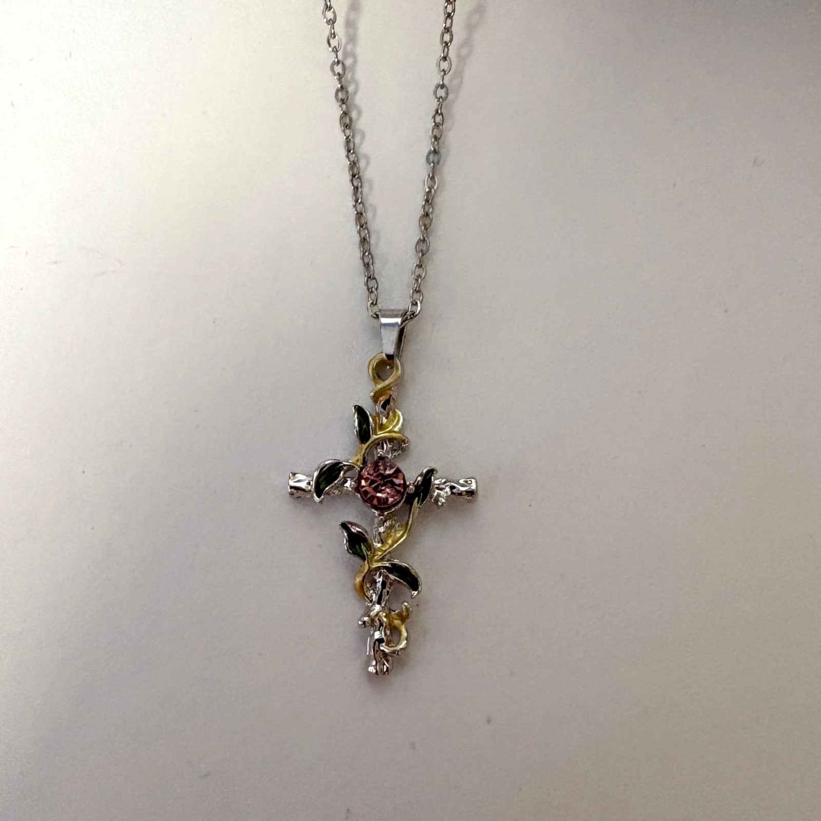 Gold and Silver Tone Leaf Cross Pendant Necklace Pink Crystal Accent NEW