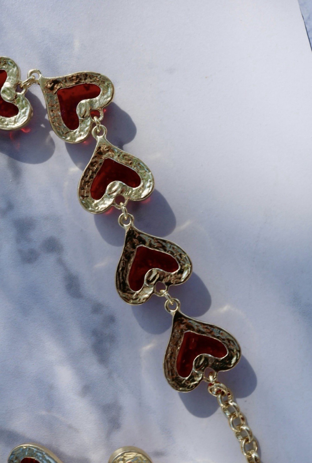 Acrylic Red Heart Gold Toned Textured Necklace