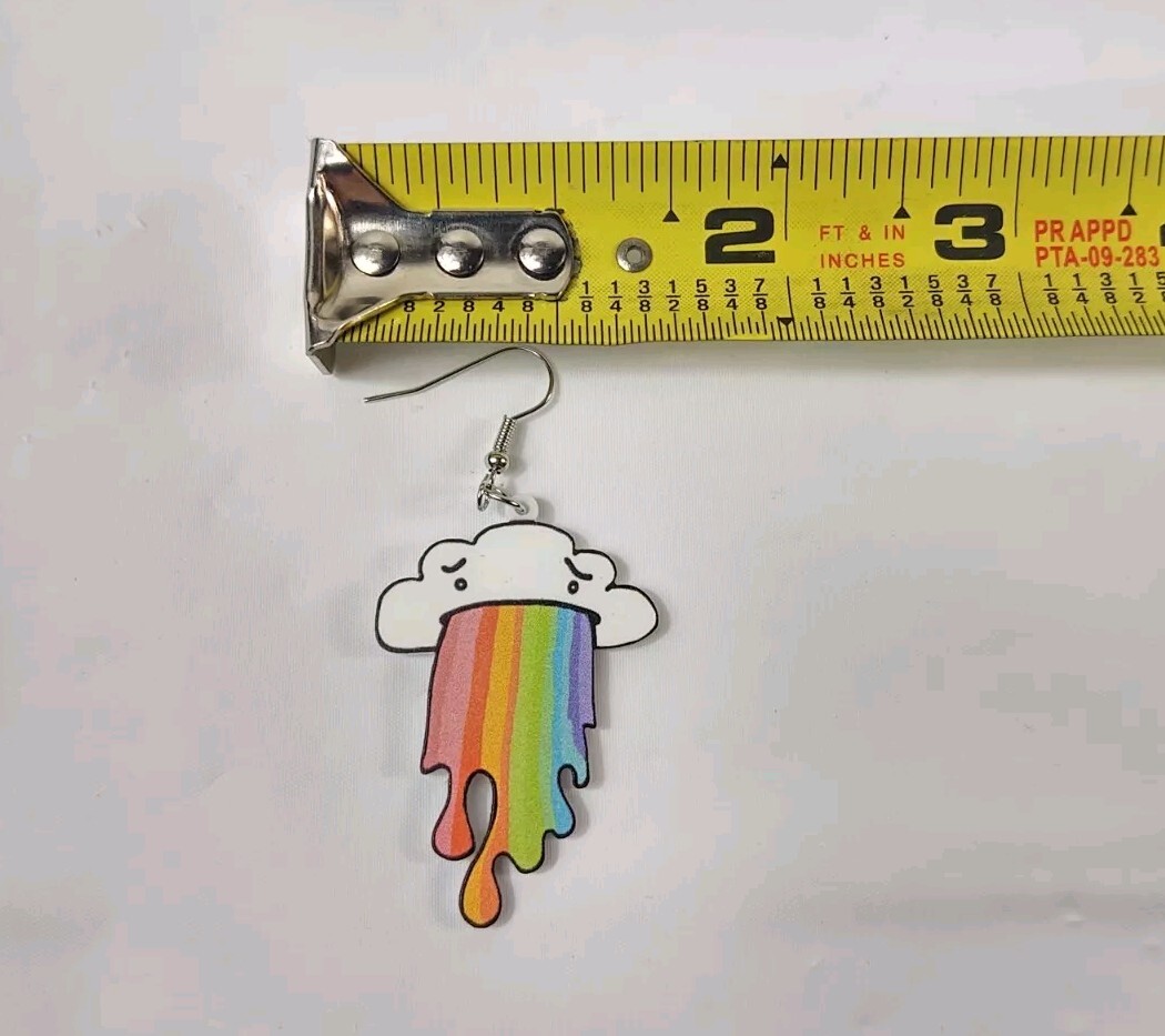 Hook Drop Dangle Pierced Earrings Big Plastic White Cloud Puking A Rainbow