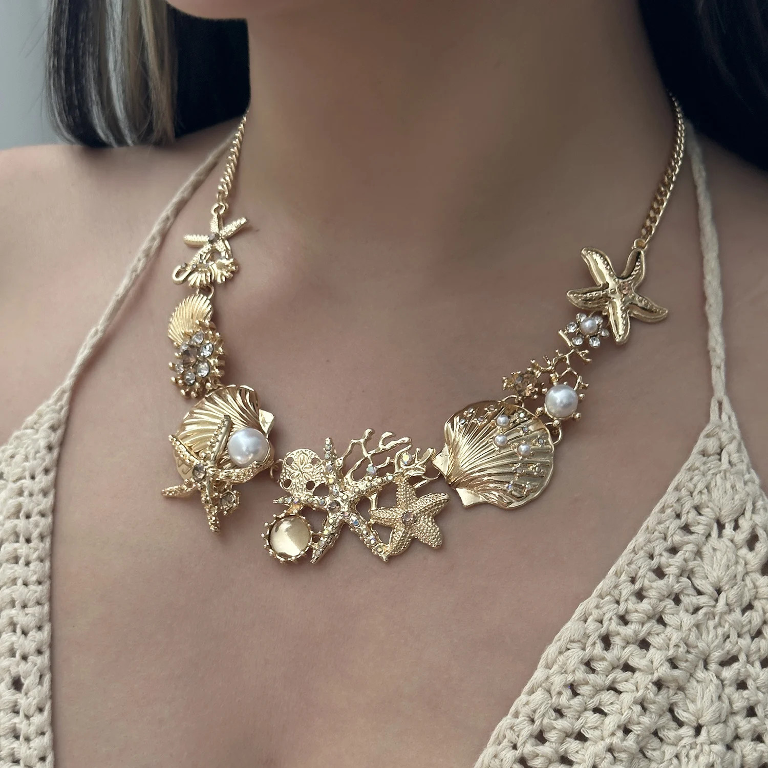 Boho Shiny Starfish Shell Coral Pearl Pendant Necklace for Women Exaggerated Met