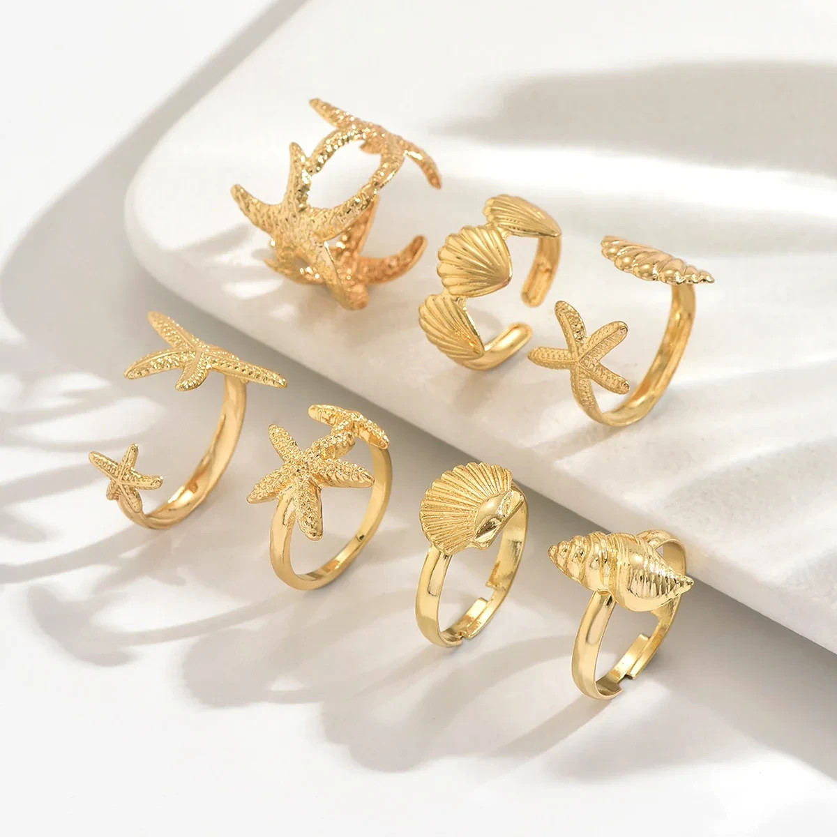 Ocean Starfish Shell Conch Ring Set for Women Beach Vacation Fashion Jewelry