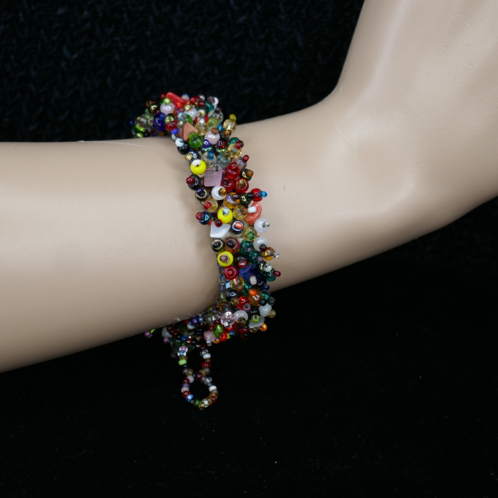 Beaded Confetti Cluster Cuff Bracelet Toggle Multi Color Glass Boho 7-8 inch