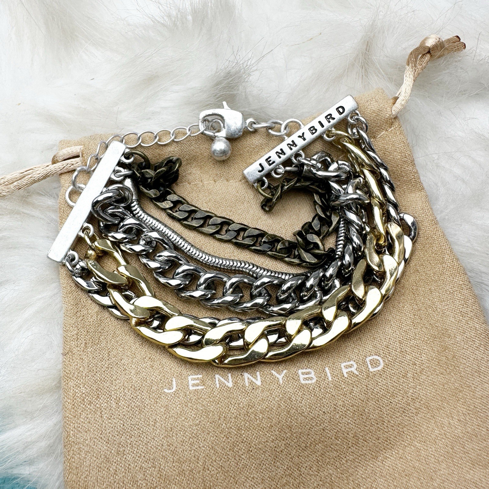 Jenny Bird Gold Silver Multi Chain Statement Bracelet w/ Pouch New w/o tags