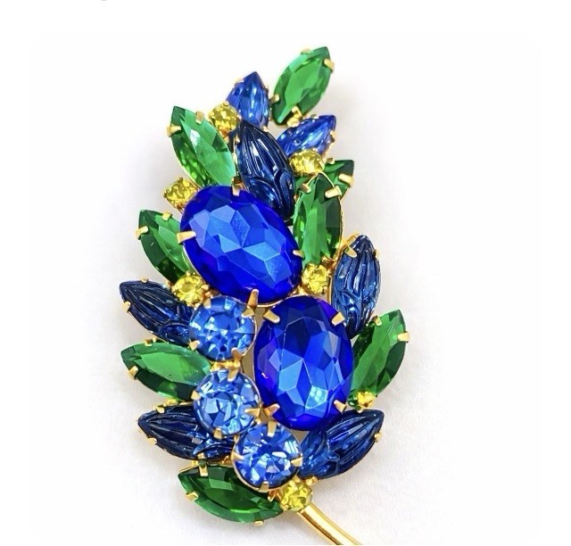 Vintage Juliana D&E Blue Green Rhinestone Brooch Scarab Glass 1960s 3”