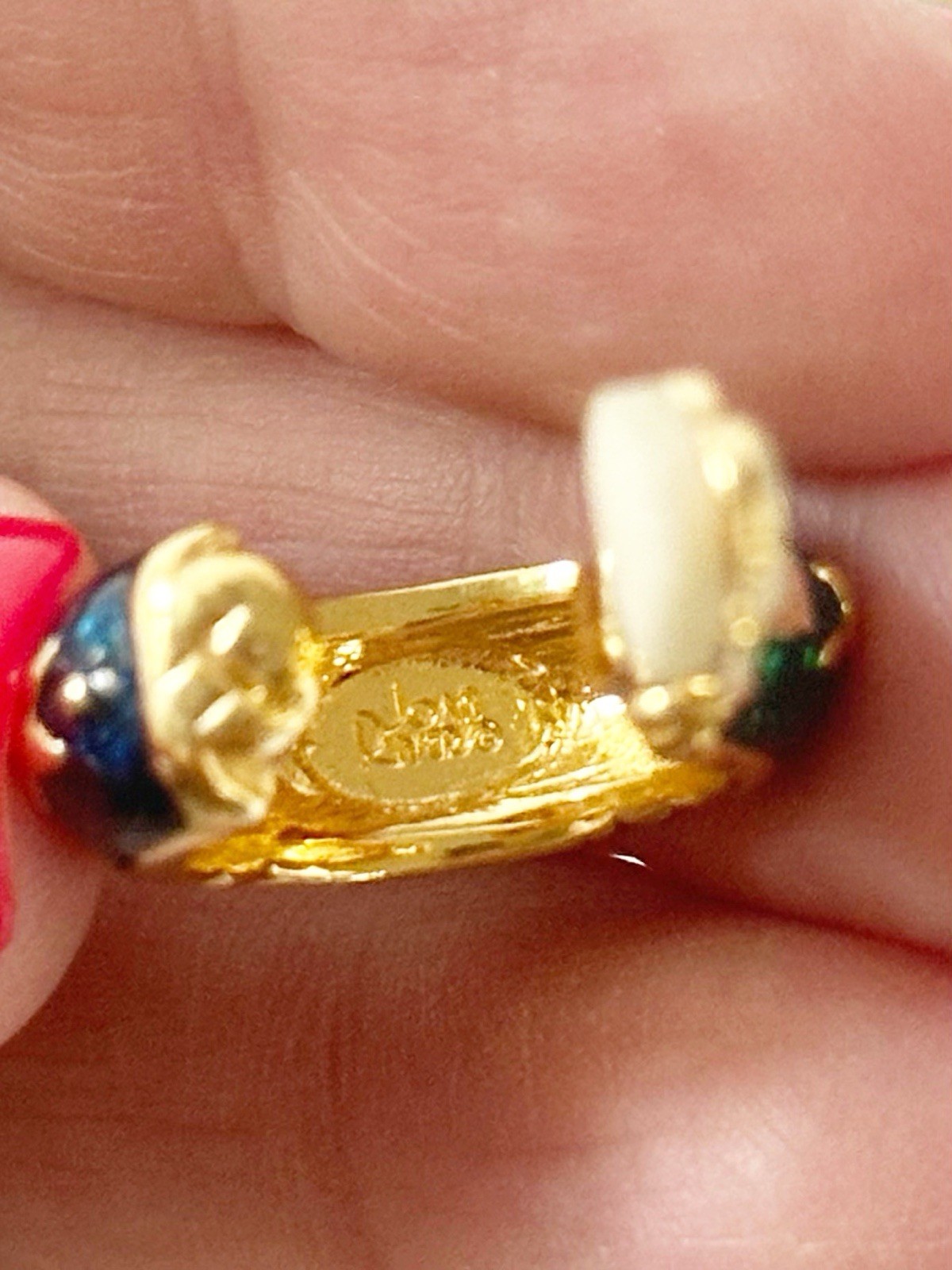 Vintage Joan Rivers Enamel Gold Tone Hoop Clip On Earrings Signed Red Green Blue