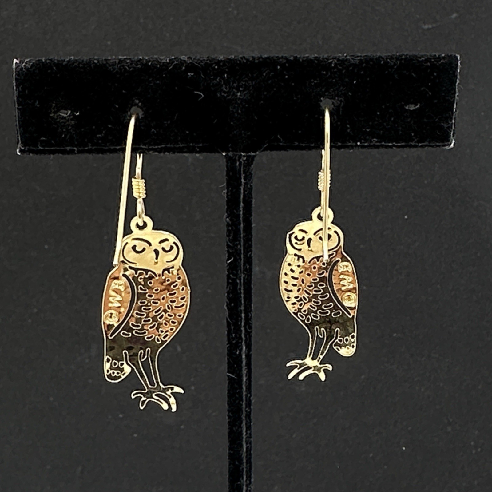 WILD BRYDE owl earrings – gold-tone figural bird 1.75″ dangle signed pierced