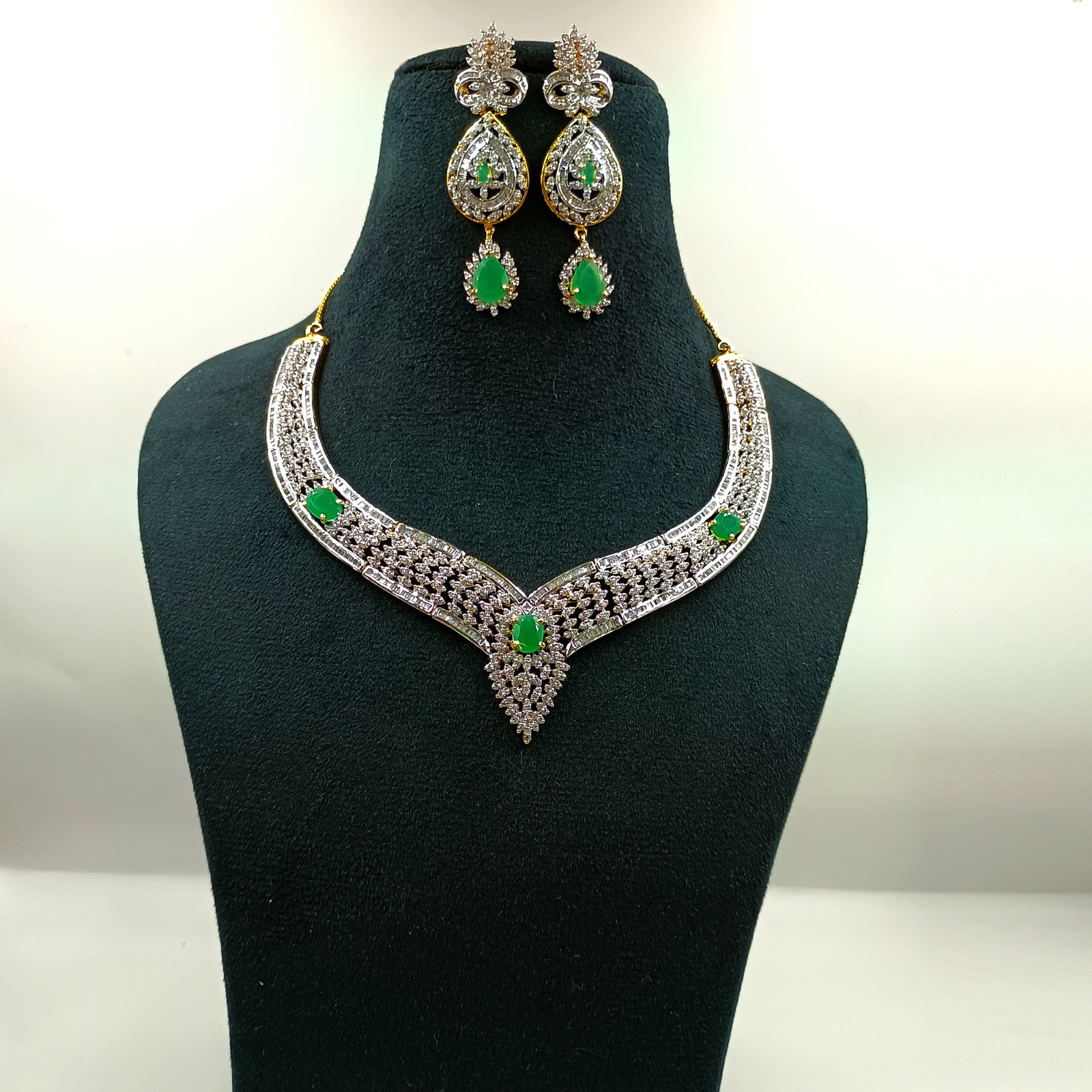 Emerald CZ Diamond Choker Necklace Set 22k Gold Plated South Indian Handmade
