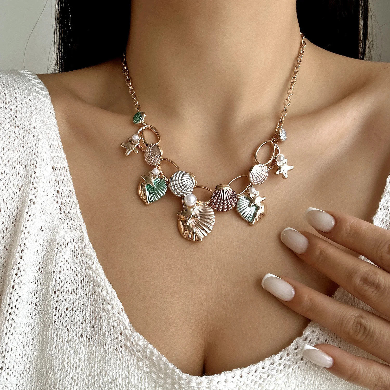Boho Starfish Shell Coral Pearl Pendant Necklace For Women Shiny Crystal Zircon