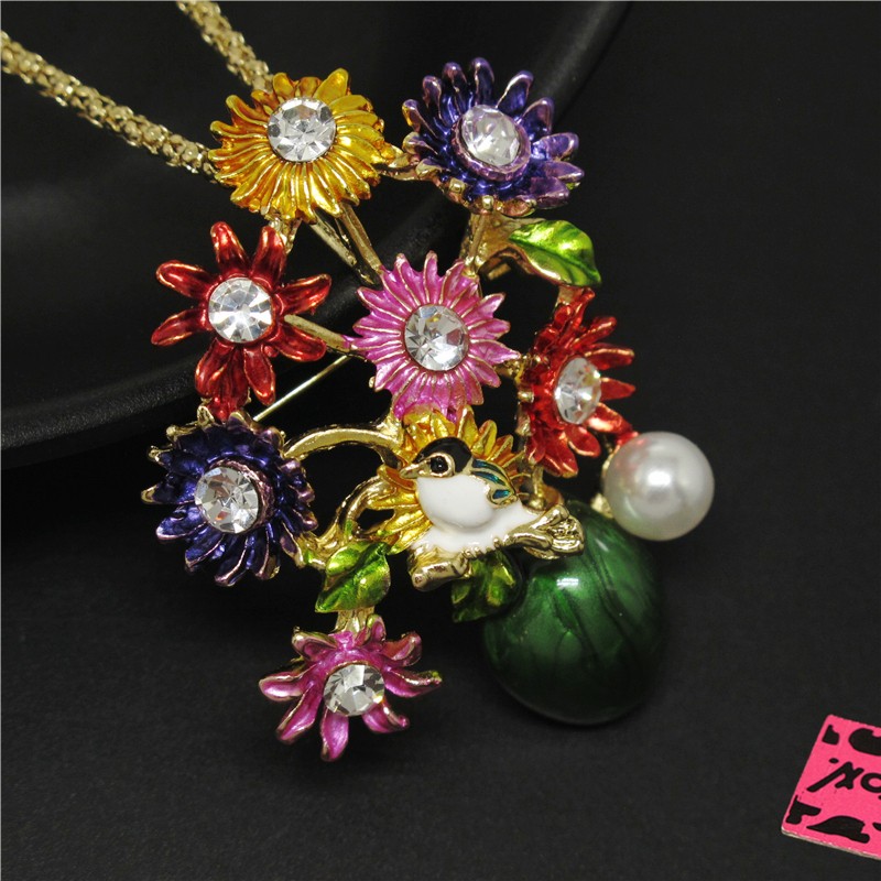 Fashion Women Colorful Enamel Cute Flower Vase Crystal Pendant Necklace