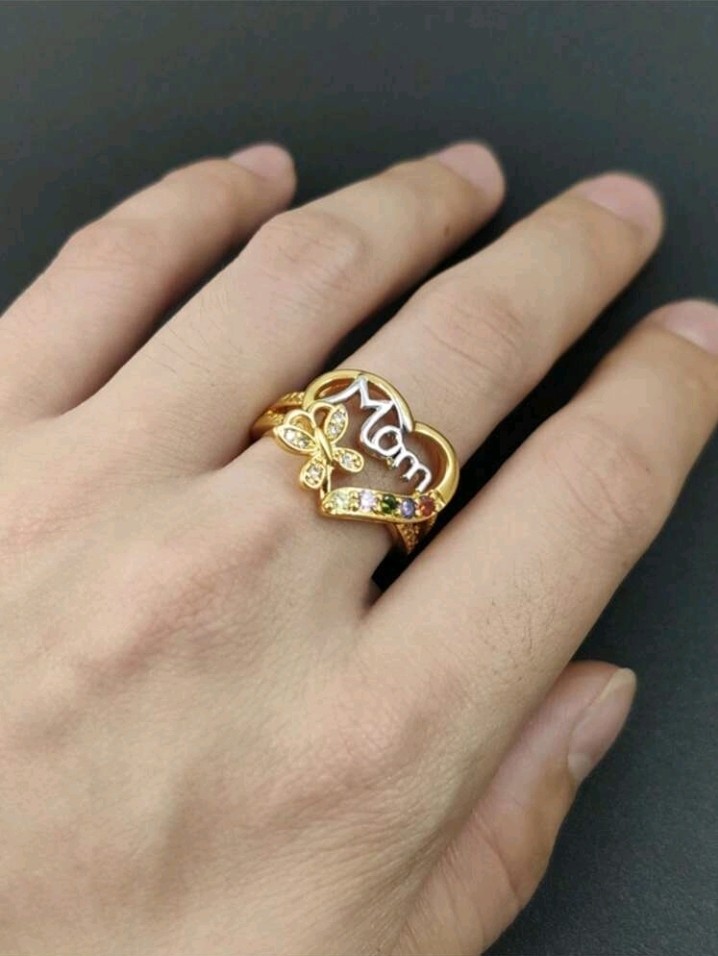 Gold-Plated Zinc Heart-Shaped MOM Ring Butterfly Multi-Color Stones Ring Size 6
