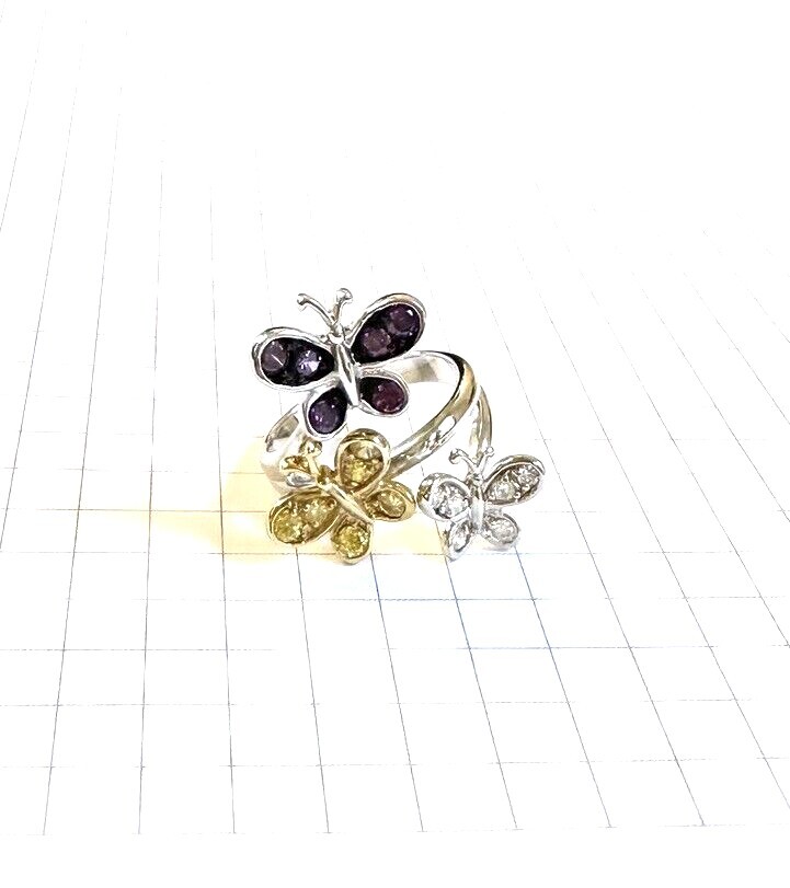 (SIZE 6,7,8,9) BUTTERFLY TRIO RING Gold, White, Purple CZs .925 STERLING SILVER