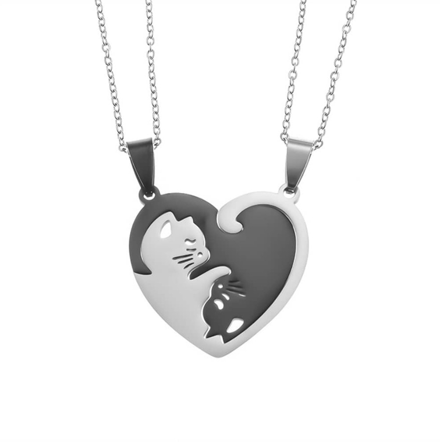 2 Piece Black & Silver Cat Matching Necklace Couple Cute Pendant Love BFF, Gift