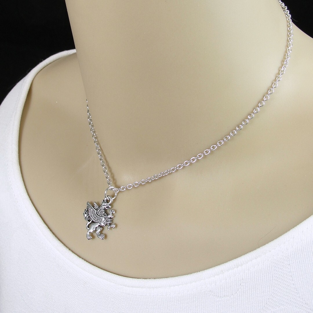 Silver Griffin Necklace – Gryphon Charm Necklace – Mythical Bird Creature Charm