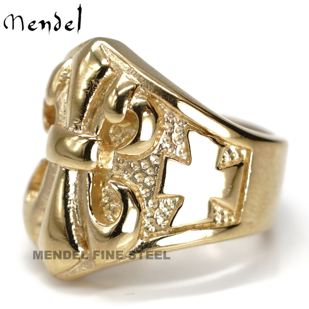 MENDEL Mens Gold Plated Fleur de Lis Flower Cross Ring Stainless Steel Size 7-15