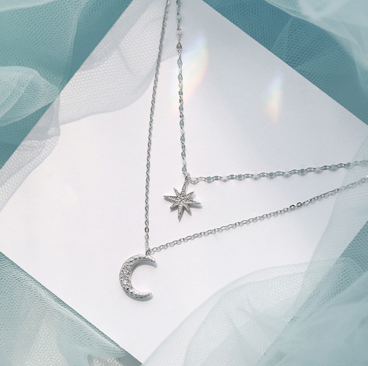 Layered Star Moon CZ Pendant 925 Sterling Silver Choker Necklace Women Gift PE55