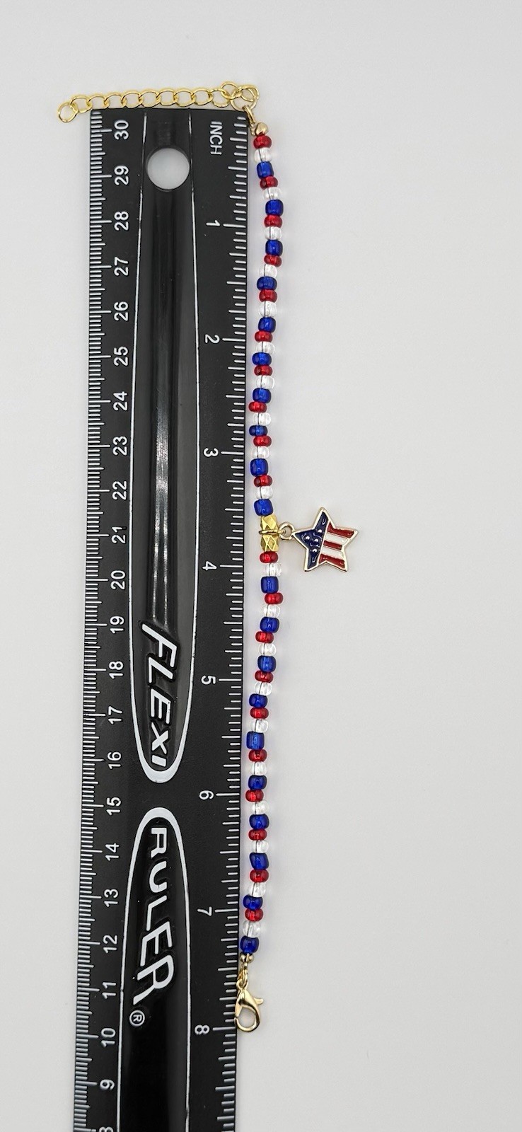 Red White & Blue Glass BeadBracelet 8in Lobster Clasp Star Charm 4th of July