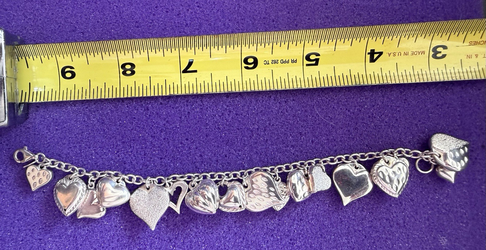 JCM Mauritius Sterling Silver 925 Heart Dangle Charm Bracelet 8” Cable Chain