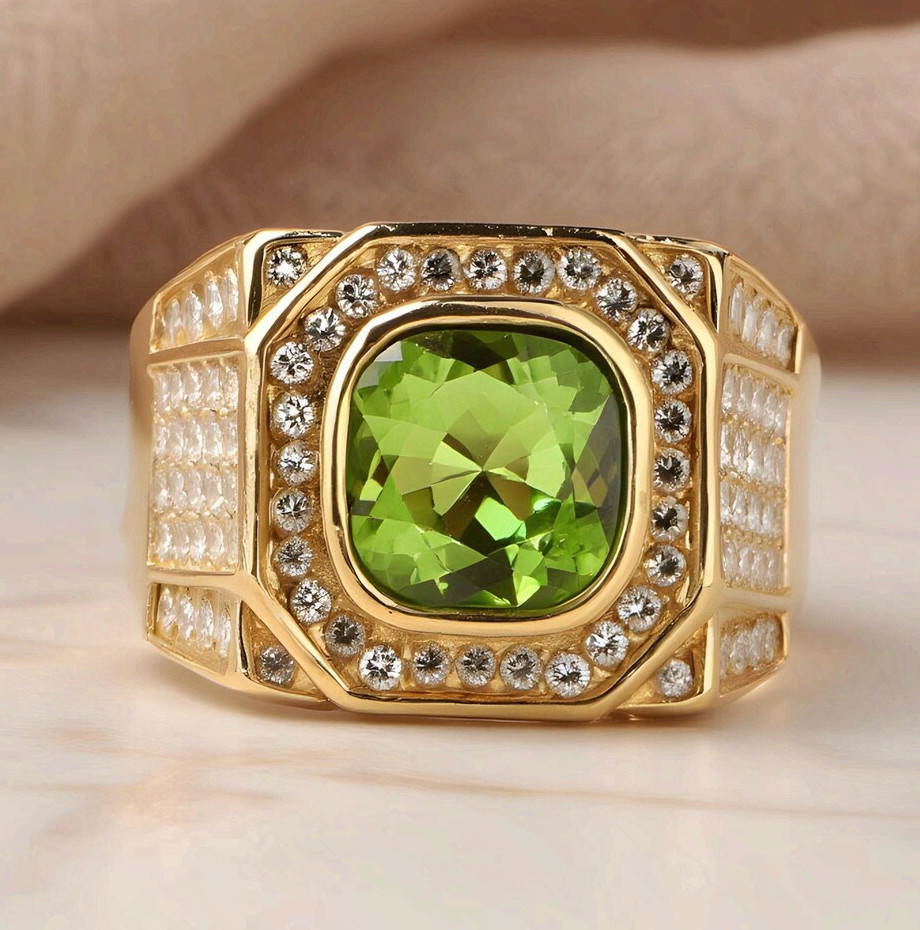 Gold Steel Men Signet Ring Cushion Cut Green Gemstone